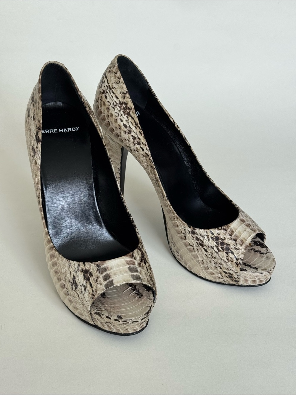 Pierre Hardy Beige Snake-Print Peep-Toe 100mm Heels - Size 37.5 - Made in Italy